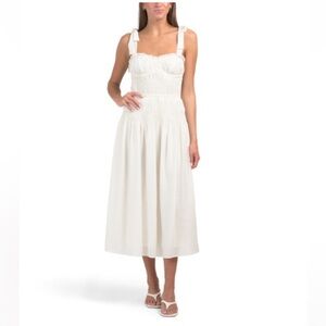 Moon River Ruched Tie Shoulder Midi Dress